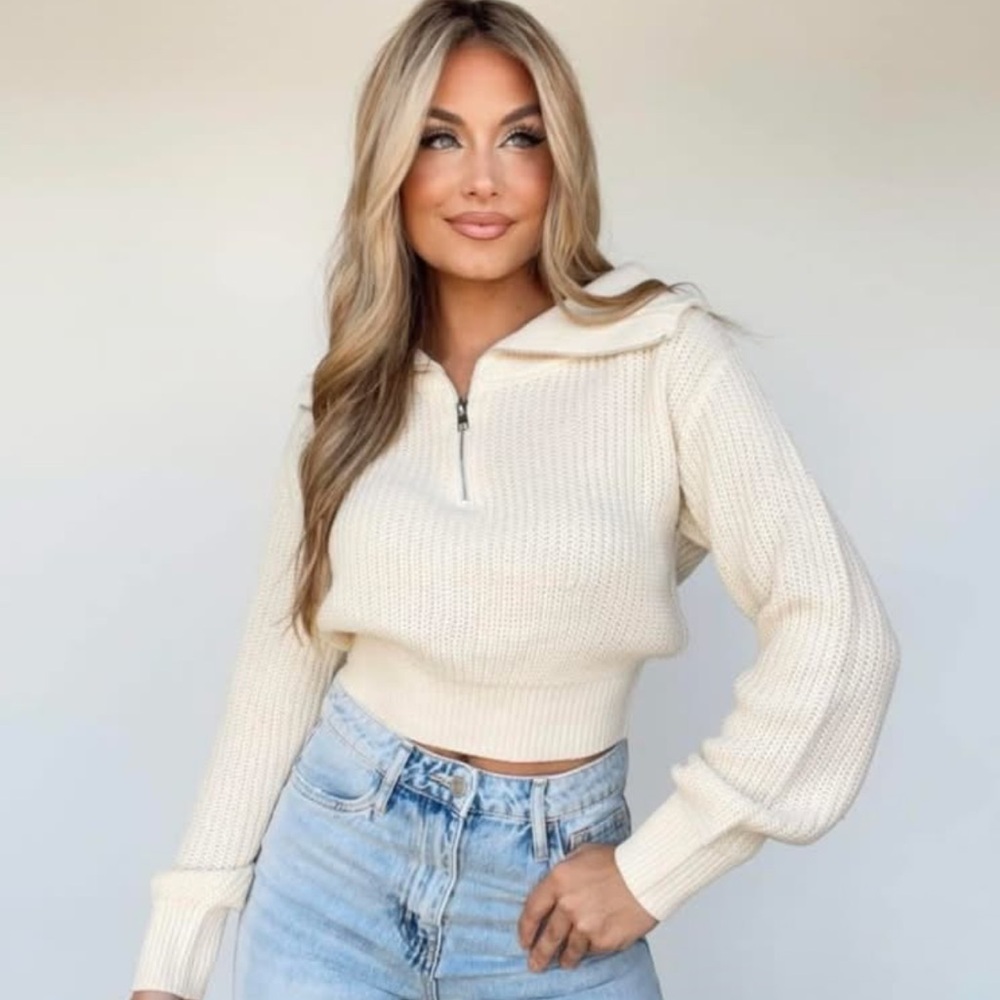 Elegant Cream Zip Collar Sweater